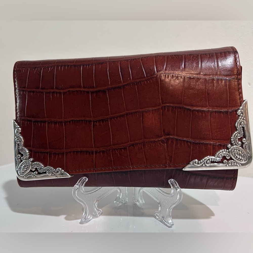 Brighton Brown Embossed Leather Wallet w/ Silver Corner Hardware
